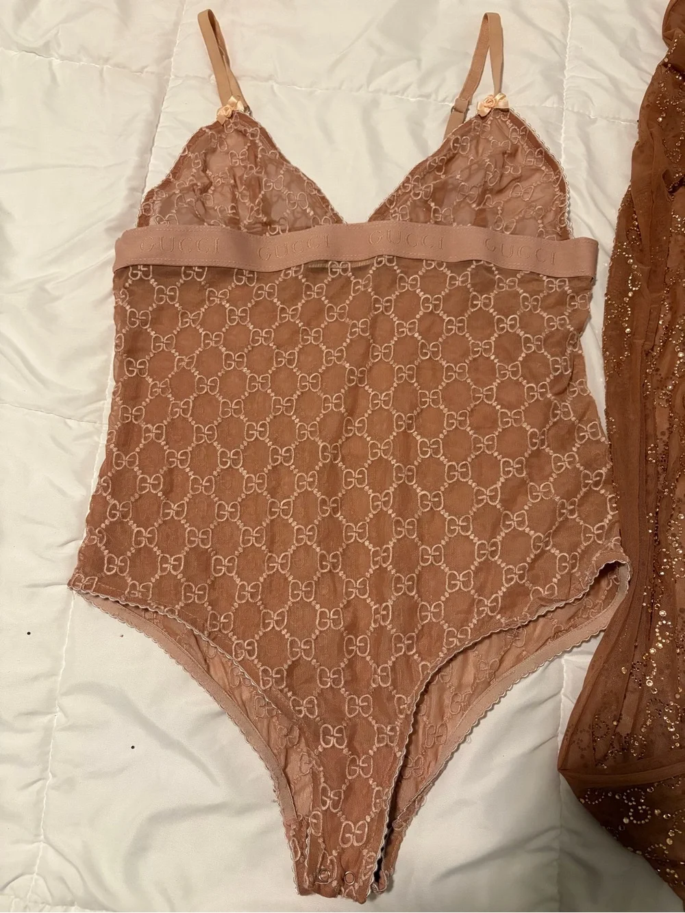Gucci Sheer Lace Two-Piece Chemise Set in Dusty Brown